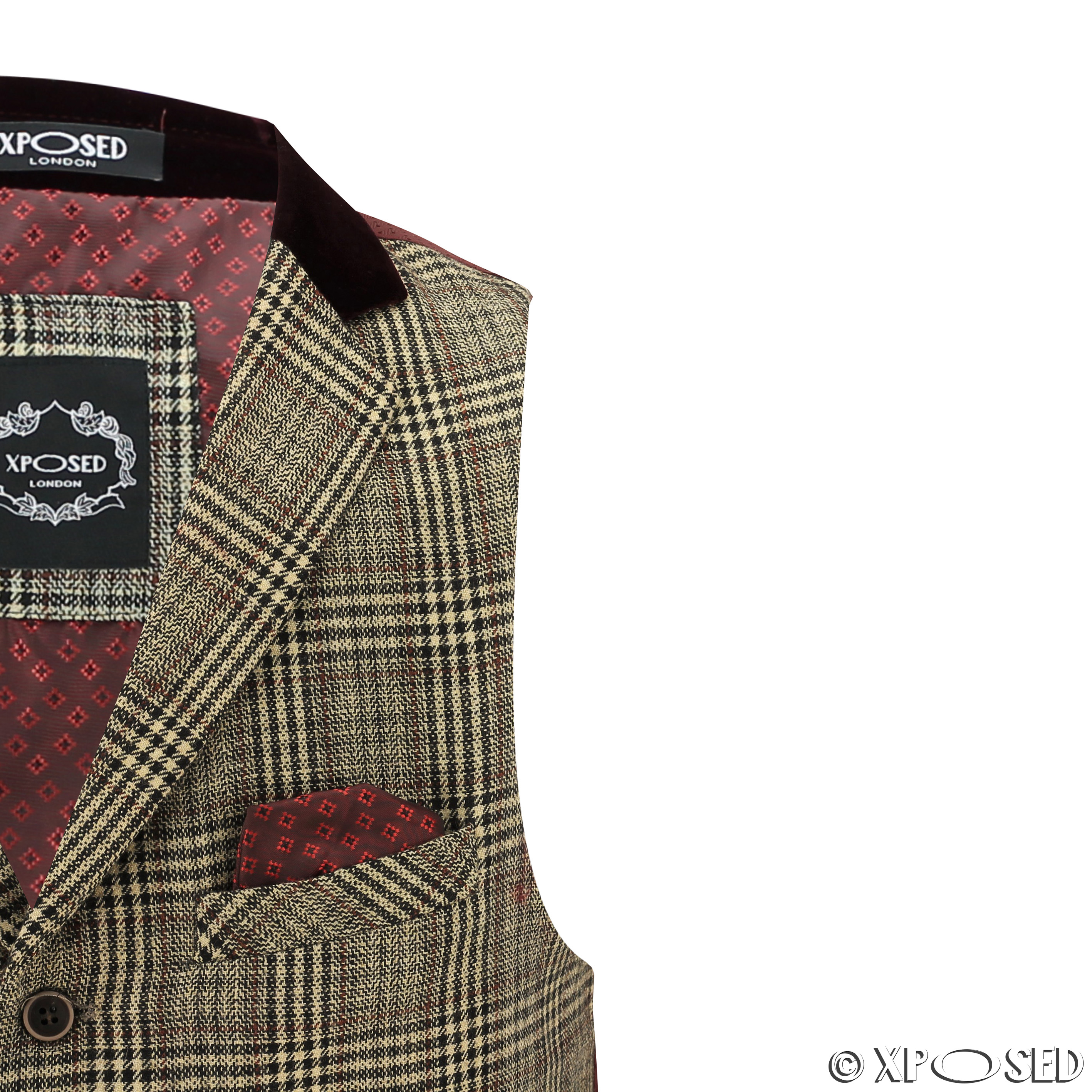 Mens Vintage Waistcoat Herringbone Tweed Check Velvet Collar Retro